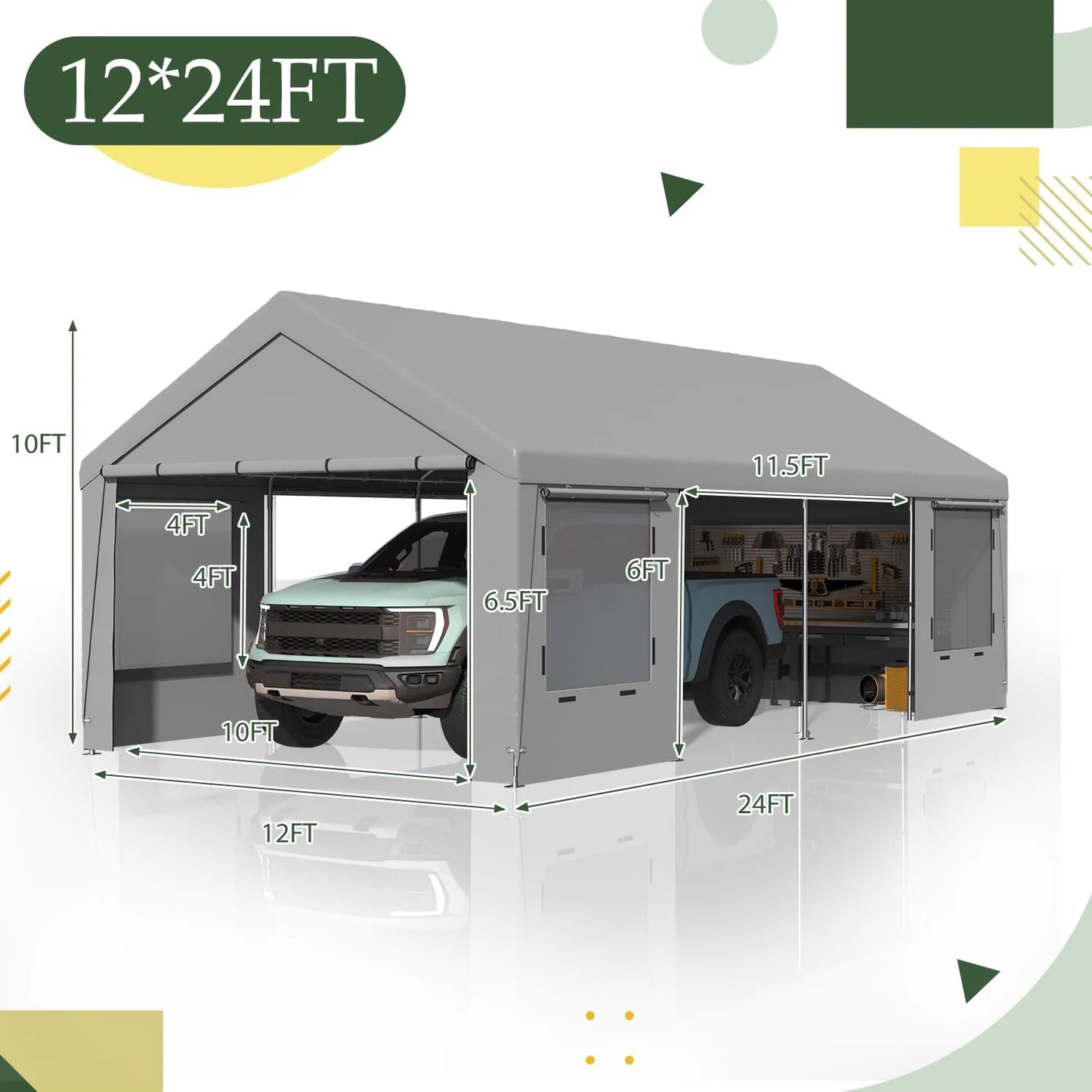 Heavy Duty Carport,Roll-Up Windows,Removable Sidewalls,Portable Garage & Car Canopy,12'x24', Custom
