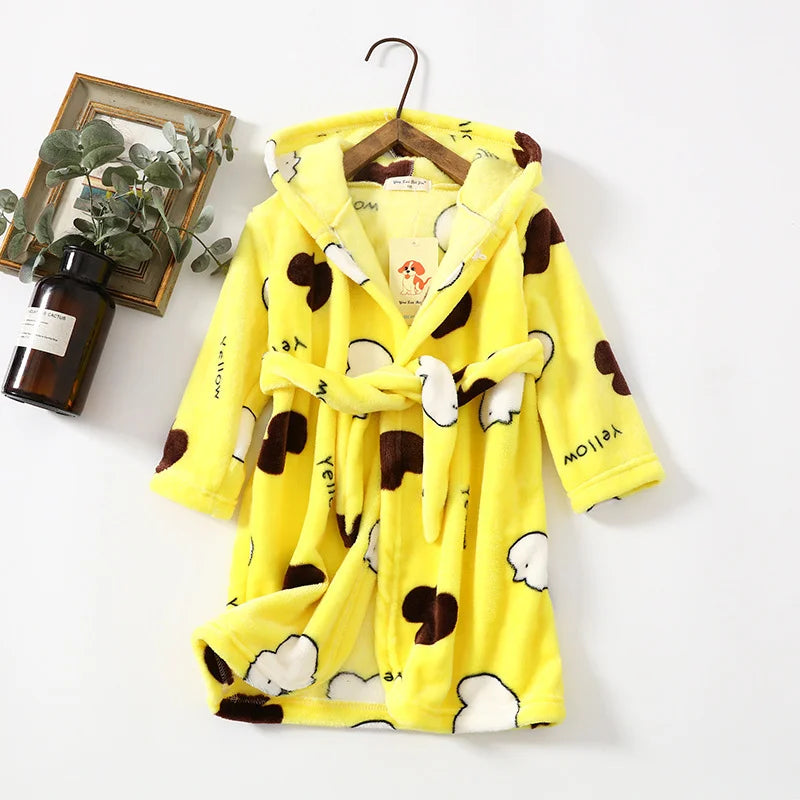 Winter Children Flannel Bath Robe Baby Cartoon Printed Hooded Bathrobe Baby Boy Girl Pajamas Kids Sleepwear Robe Nightgown