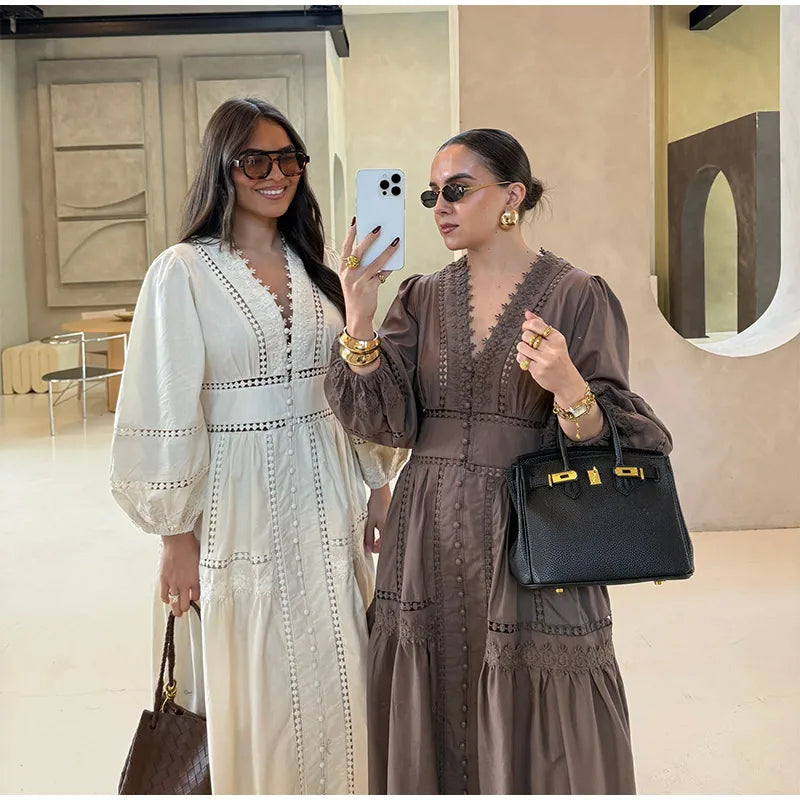 Elegant Lace Hollow Out Women's Long Dress Solid V-neck Patchwork Puff Sleeve Bodycon Dressess Female 2025 Spring New Lady Robes