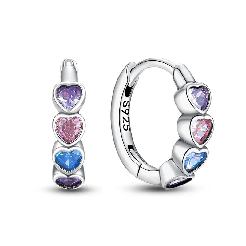 Romantic Heart Shapen Girl Earrings 925 Silver Rainbow Heart Hoop Earring Silver Jewelry Gift