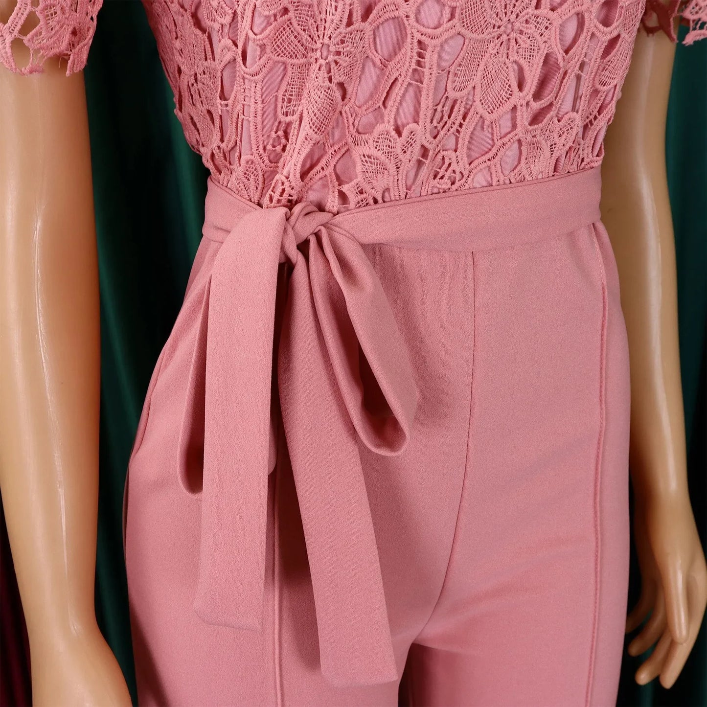 Elegant Jumpsuits & Rompers for Women, O Neck Lace Patchwork Short Sleeve Sashes High Waisted.