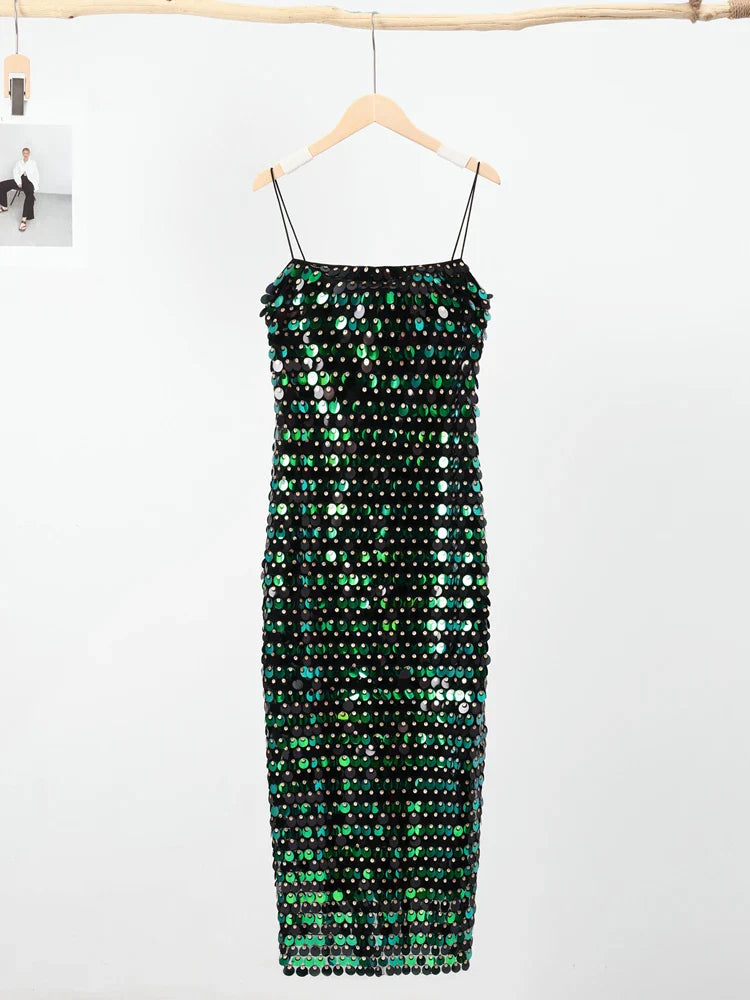 Sequined Tube Top Strap Dress Women Sexy Sleeveless Slim Solid Straight Long Vestidos Fashion Backless Slip Split Evening Robe