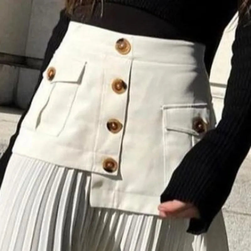 DEAT Fashion Women's Skirt High Waist Spliced Single Breasted Pleated Irregular Solid Color Long Skirts Spring 2024 New 17A6142