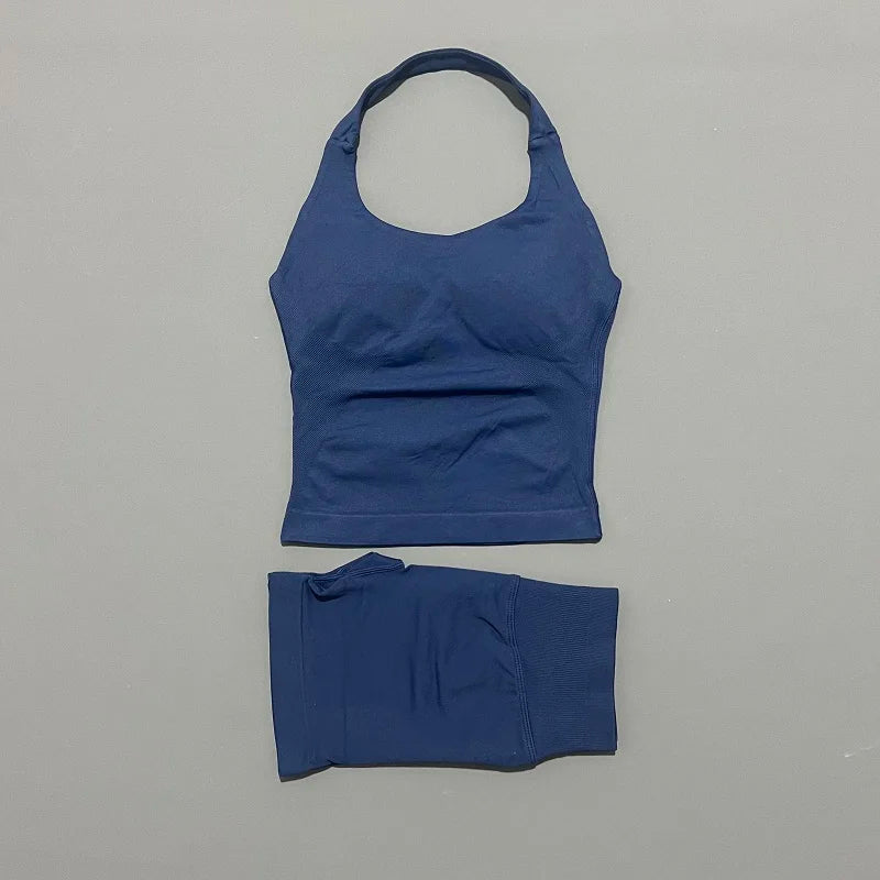 2 Pieces Shorts Yoga Set Women Backless Halter Tops High Waist Seamless Shorts Gym Suit Fitness Sportswear Workout Sets