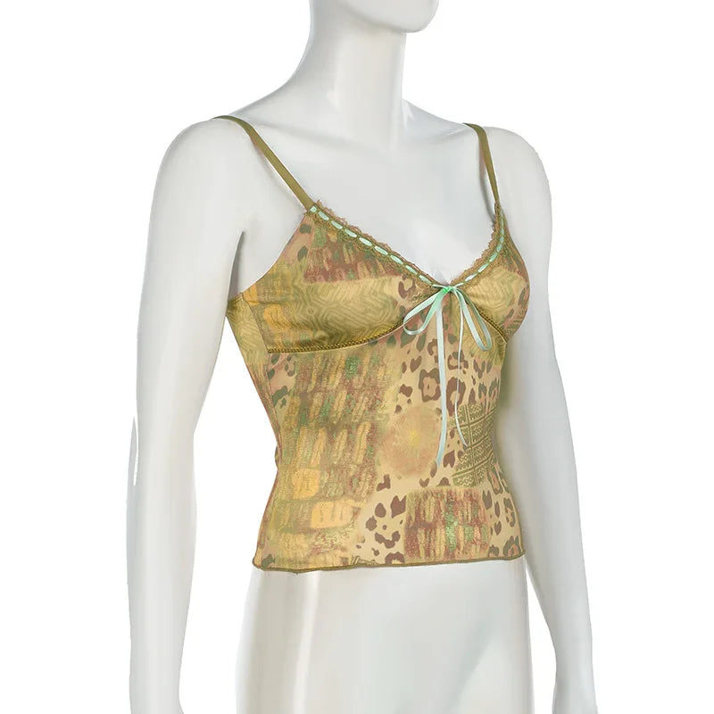 Y2K Vintage Women's Sleeveless Cami Tops Spaghetti Strap Abstract Print Ribbon Tie-up Front Camisole Tank Tops Summer Clothes