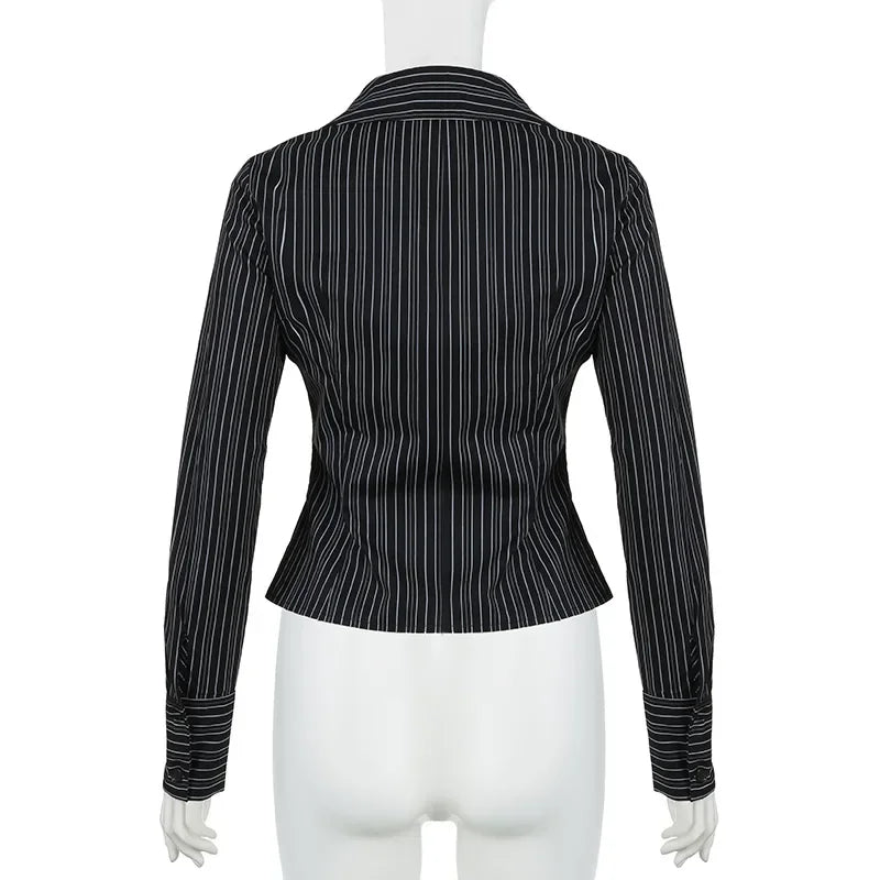 Y2K Black Striped Long Sleeve Button Up Shirt Autumn Elegant Casual Turn-down Collar Blouse Office Lady Women T-shirt