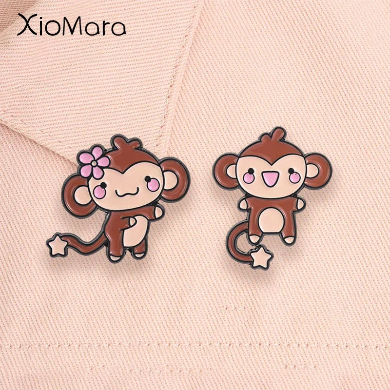 Cute Monkey Enamel Pins Cartoon Star Tail Ape Floral Kawaii Animal Brooches Lapel Backpack Badge Fashion Jewelry Gift for Friend