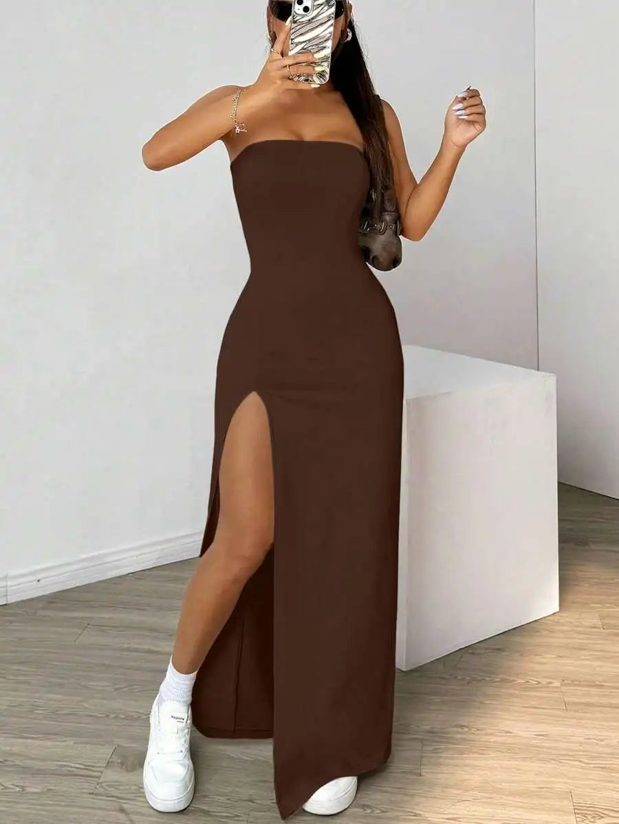 Elegant ladies strapless camisole, simple basic solid color long dress, casual, semi-formal occasions,