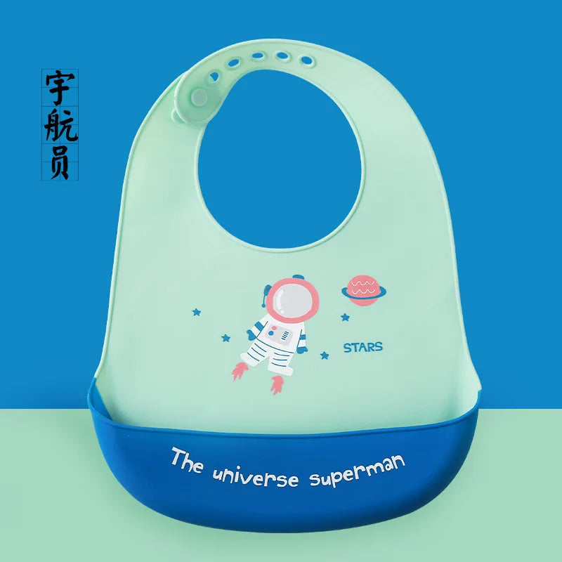 Cute Baby Bibs Waterproof Silicone Bib Infant Toddler Feeding Saliva Towel Cartoon Adjustable Children Apron with Pocket Scarf