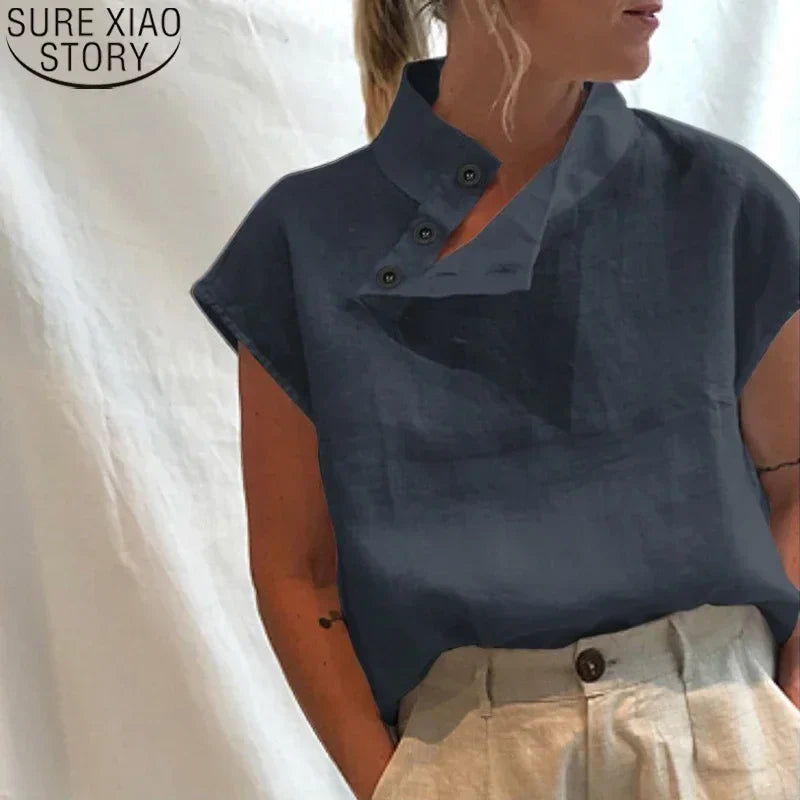 Women Short Sleeve Blusas 2024 Summer Cotton Linen Shirts Fashion Oversized Blouses Casual Loose Camisas Solid Tunic Tops 18898