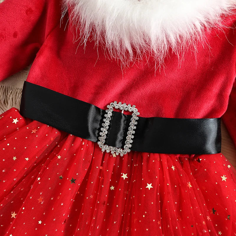0-5Y Toddler Baby Girl Christmas Dress Long Sleeve Santa Claus Red Tulle Dress for Girls Xmas Party Princess Dress Outfit