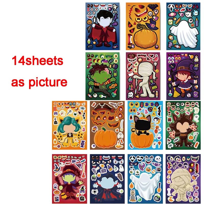 Halloween Party Favors Stickers for Kids 6-24sheets DIY Ghost Witch Mummy Make A Face Stickers Children Toddles Puzzle Jigsaw