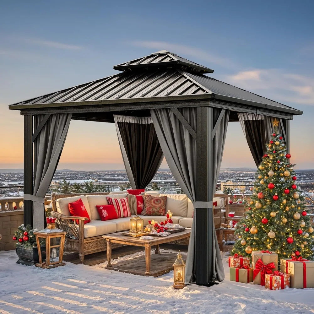 10x10ft Hardtop Gazebo, Nettings and Curtains, Heavy Duty Double Roof Galvanized Steel Outdoor Combined of Vertical Stripes Roof