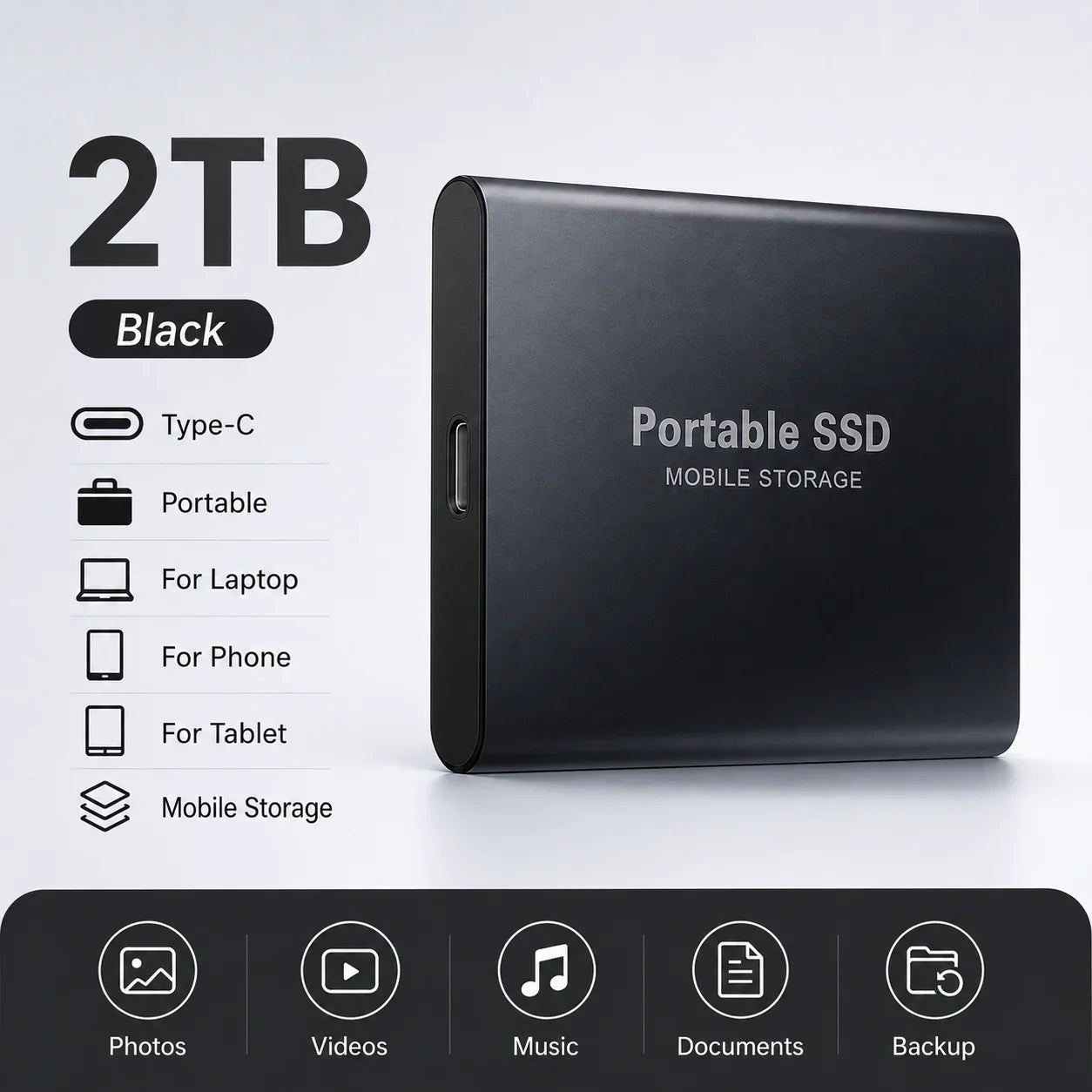 Space Efficient External Hard Drive 2TB Portable Mobile Hard Disk for Family Daily Photo Saveing PC Laptop