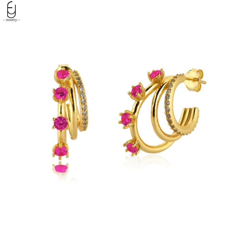 925 Sterling Silver Needle Rose Red Crystal Stud Earrings For Women Water Drop/Heart Pendant Gold Earrings Fashion Jewelry Gifts