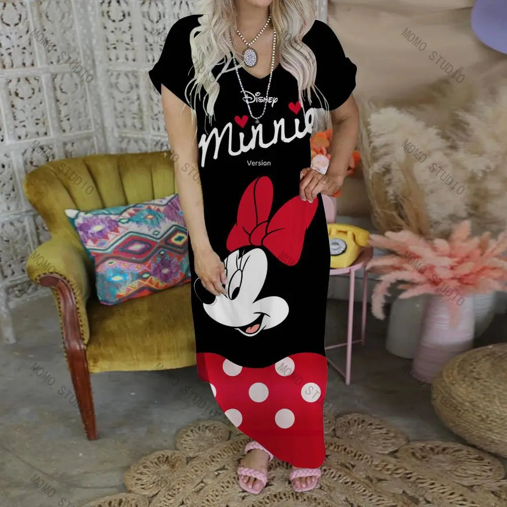 Leisure Sexy Dress Disney Casual Summer Women's Dresses V-Neck Long Minnie Mouse Maxi Cartoon 2022 Mickey Y2k Clothes Robe Woman