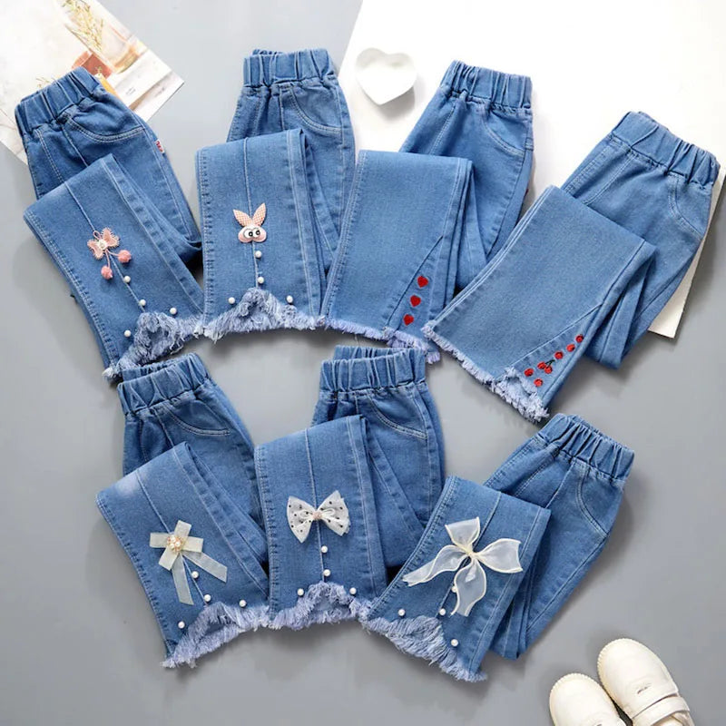 2024 New Autumn Elastic Kids Jeans, Girls Cute Leisure Bow Denim Children Flared Pants.