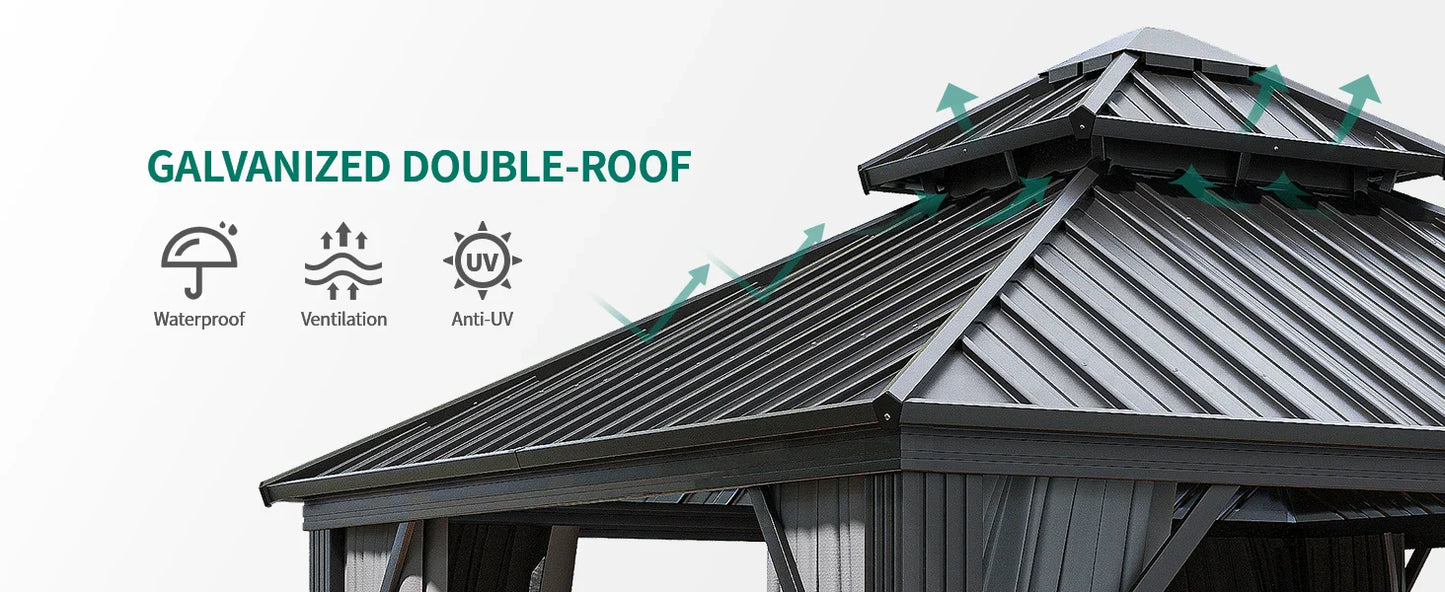 10x10ft Hardtop Gazebo, Nettings and Curtains, Heavy Duty Double Roof Galvanized Steel Outdoor Combined of Vertical Stripes Roof