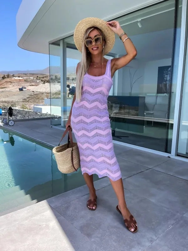 Wepbel Bodycon Dress Slim Summer Sweater Dress Summer Women's Color Knit Beach Wear Matching Wave Pattern Sun Sheath Dress