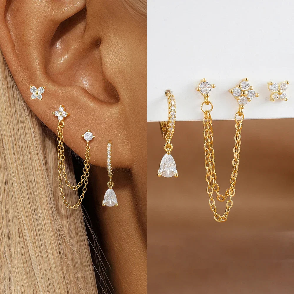3PCS Set Stainless Steel Crystal CZ Butterfly Ear Stud Earring Gold