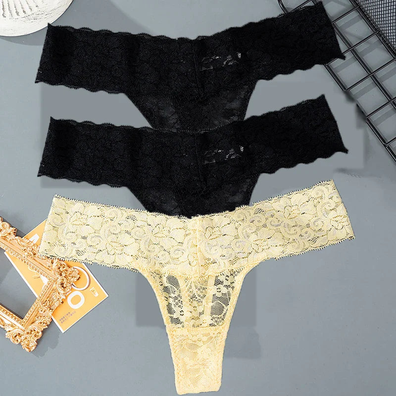 3PCS Lace Floral Women Panties ,Low Waist Breathable Briefs Female Thong Underwear M-2XL Sexy G-String Transparent Panty.