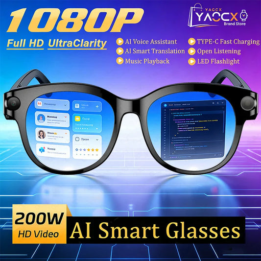 2026 AI Smart Glasses, 200W HD Camera, 1080P Translation, AI Voice Assistant, Music Playback, LED Flashlight Men Women Smart Glasses.