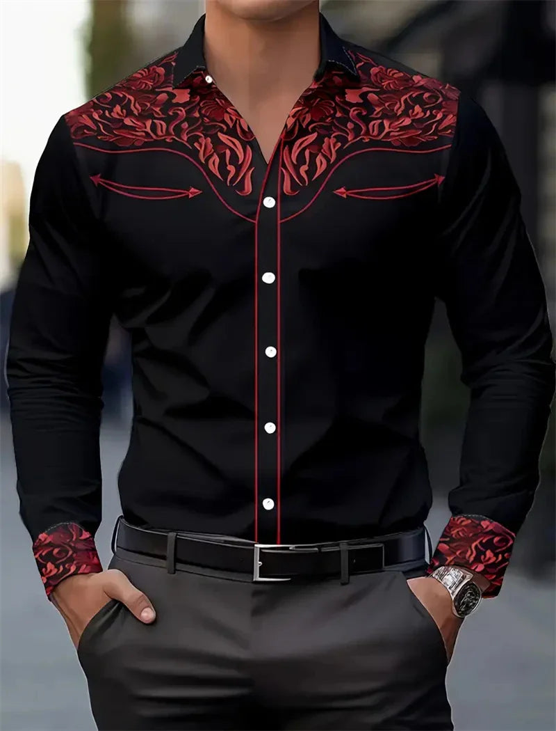 Men Long Sleeve Shirt, 3D Printing Style Vintage Denim Comfortable High Quality.