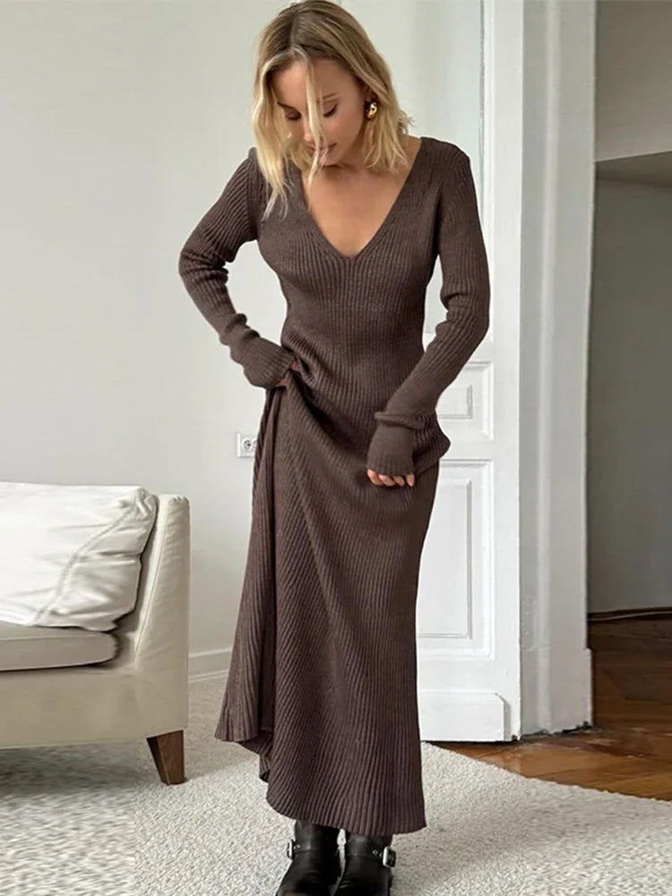 Solid Knitted Ribbed Long Dress Women Slim V-neck Long Sleeve Elegant Female Dresses 2024 Autumn Lady Casual High Street Robes