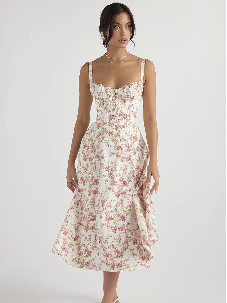 Sleeveless Floral Dress Casual Fashion Slim Fit Sexy Backless Hem Slit Vacation Travel Versatile Suspender Printing Dress