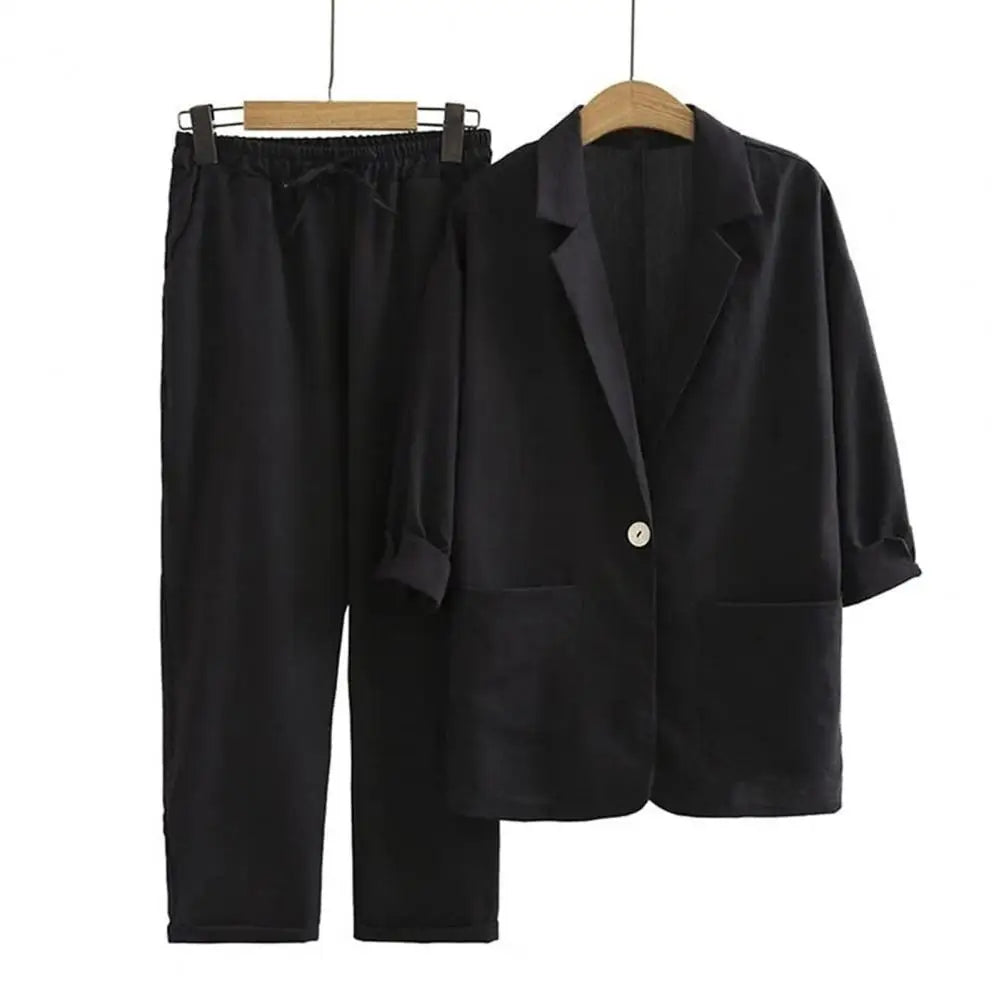 Women's cotton and linen 2-piece suit jacket trousers Spring and autumn loose fashion casual cotton and linen suit top set