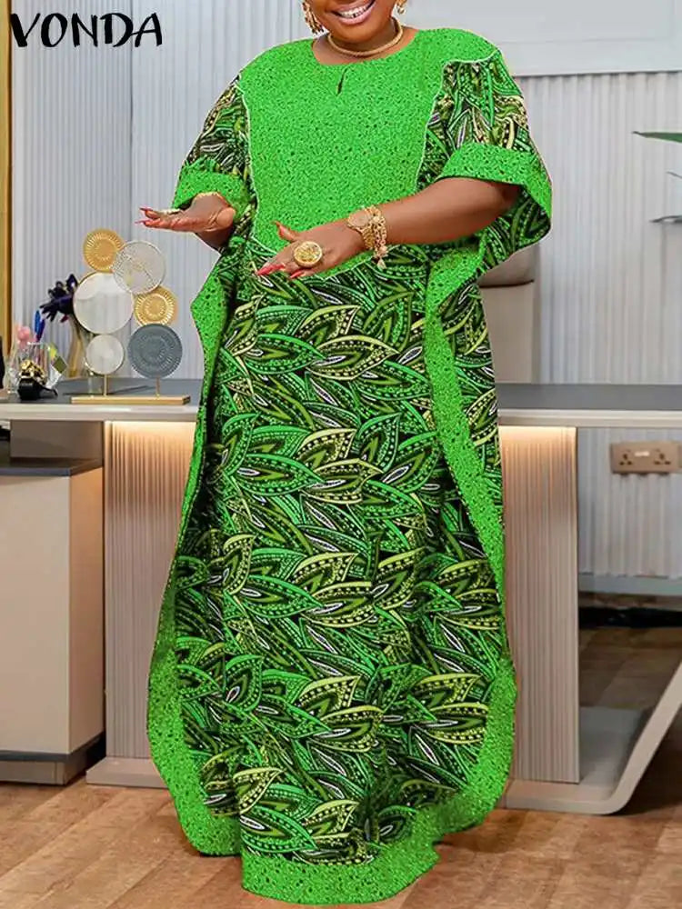 VONDA Bohemian Women Printed Maxi Sundress 2024 Summer Half Sleeve Casual Loose Long Dress Oversized Kaftan Holiday Vestidos