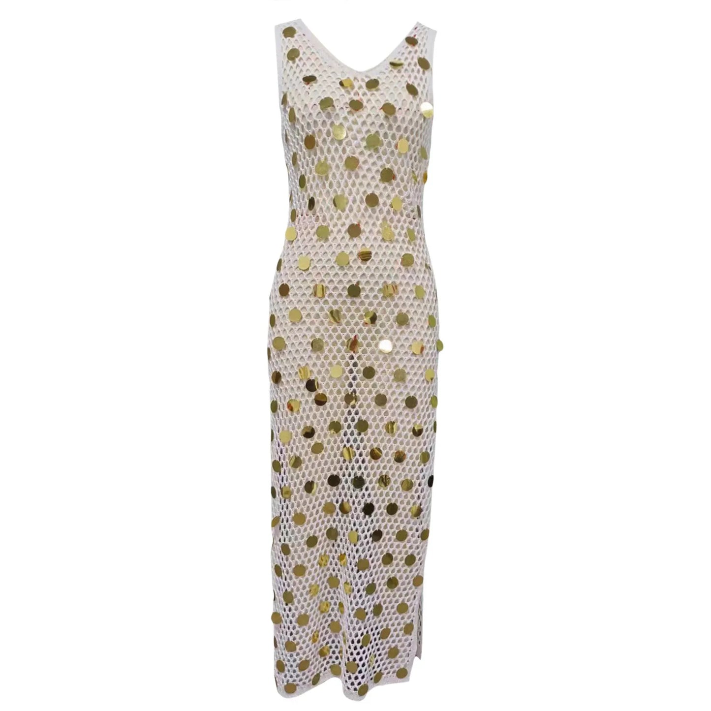 2024 Summer New Beach Skirt Women'S Sequin Knitted Hollow Out Beach Bikini Swimwear Dress Cover Up Sunscreen Female Clothing