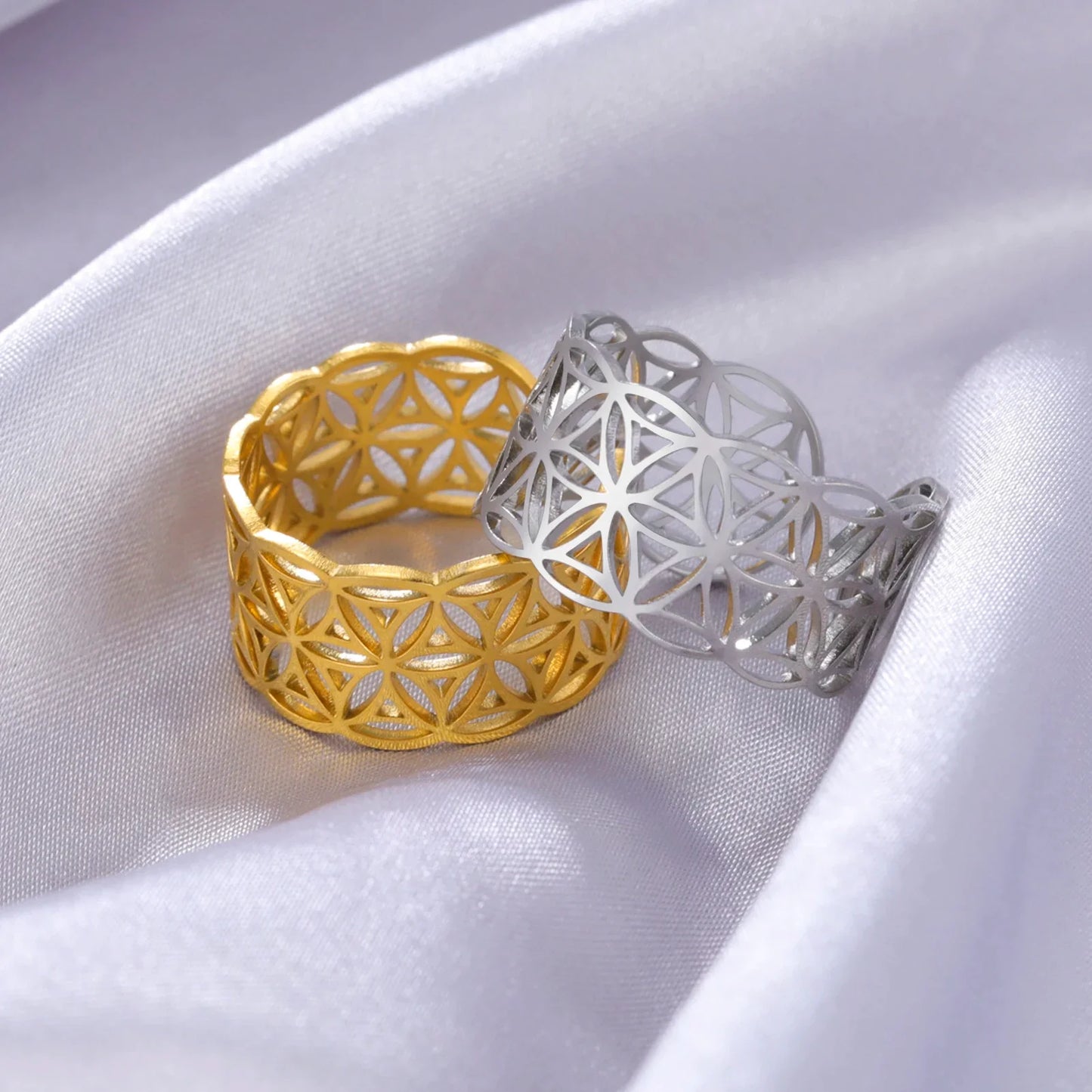 Skyrim Flower of Life Ring Women Stainless Steel Gold Color Sacred Geometry Open Adjustable Aesthetic Rings 2024 Jewelry Gift