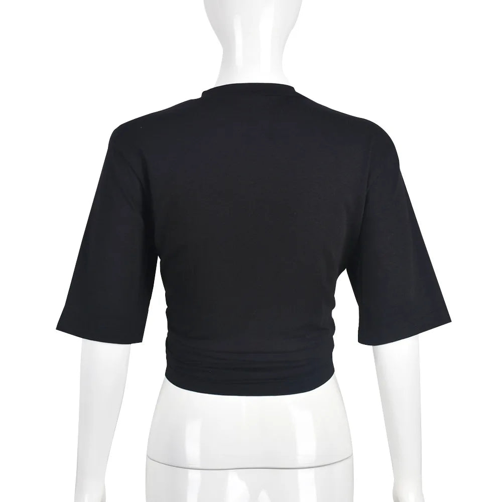 Perl White Cross Hollow Out Shirts for Women Summer Short Sleeve Female Clothes Fashion Christianity Pattern Crop Top Casual Tee