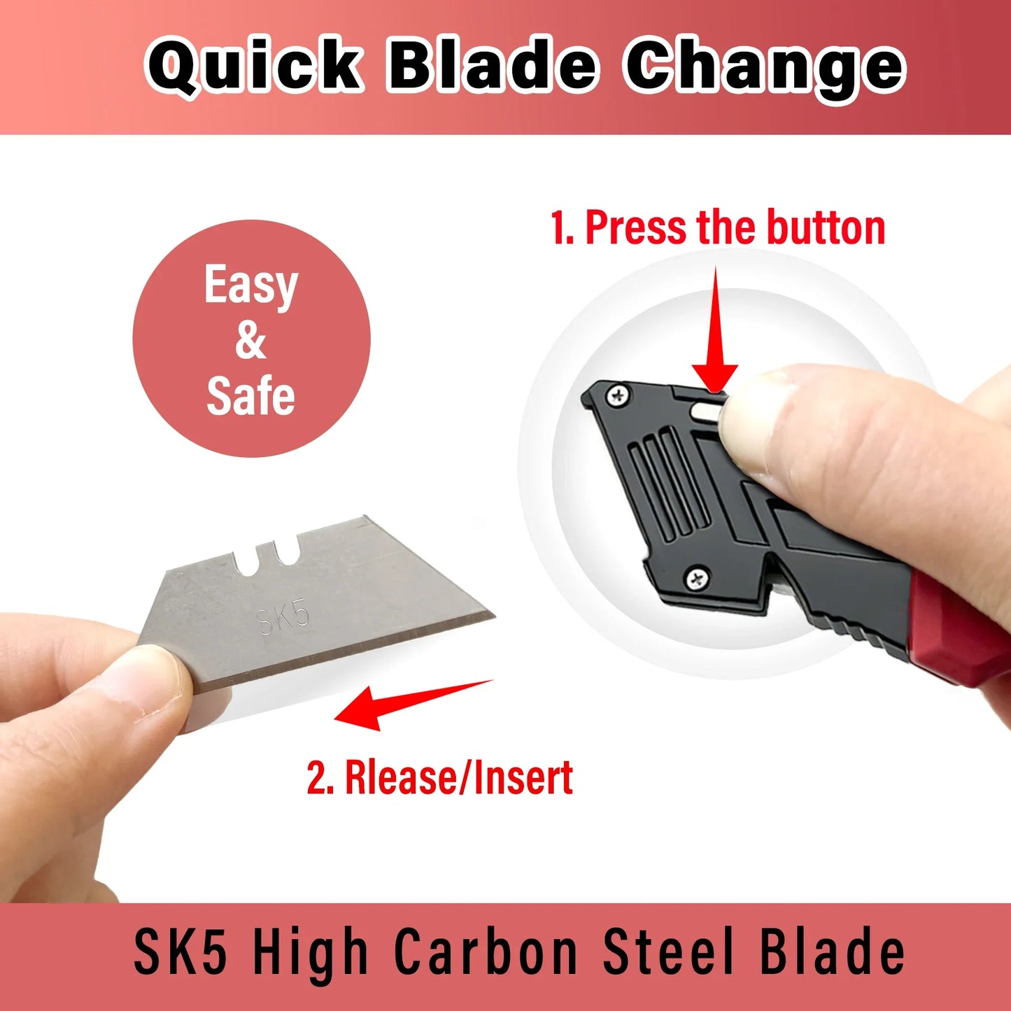 T TOVIA Folding Utility Knife with Blade Storage - Quick-Change Retractable Box Cutter, 3 Extra Blades in Handle, Aluminum Body.