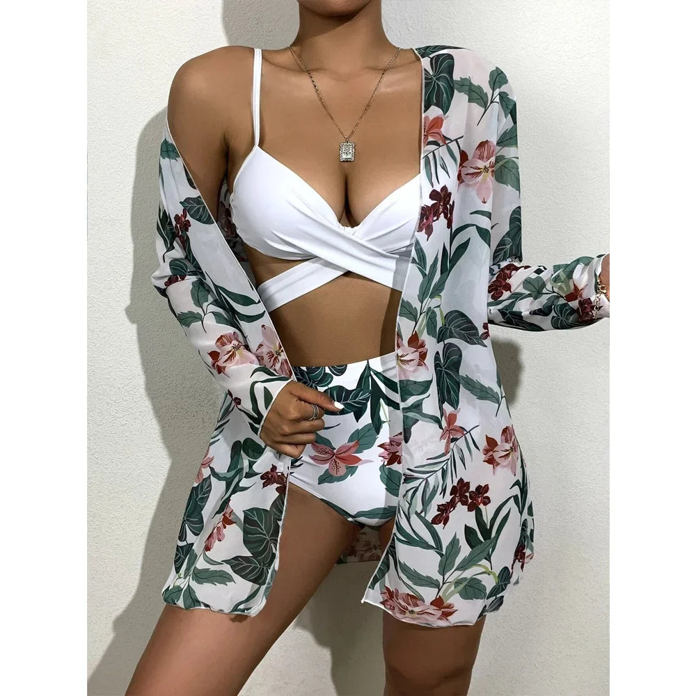 Three Pieces Bikini Set Cover Up Women New Push Up Twist Swimsuit Print Long Sleeve Swimwear Biquini Bathing Suit Summer