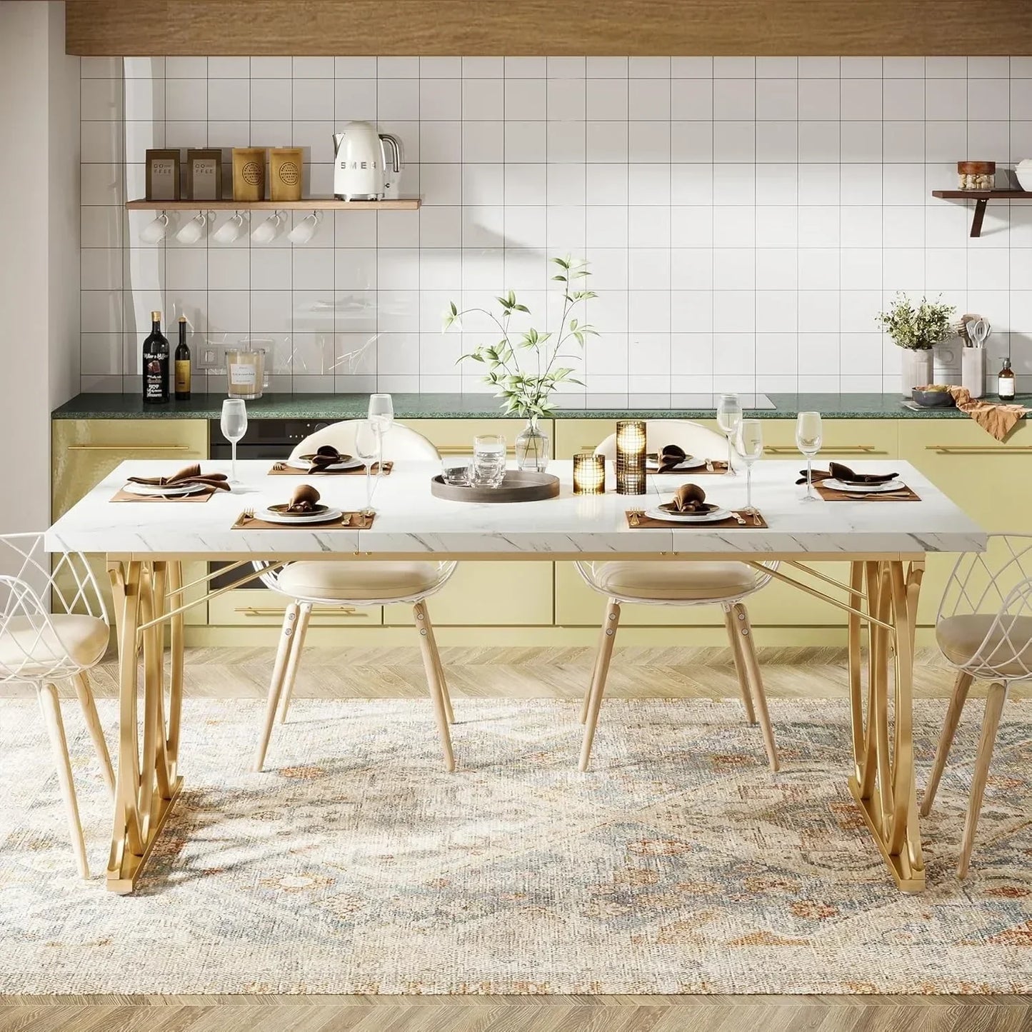 Modern Dining Table, 63" Large Kitchen Table for 4-6 People, Unique Rectangular Dinner Table.