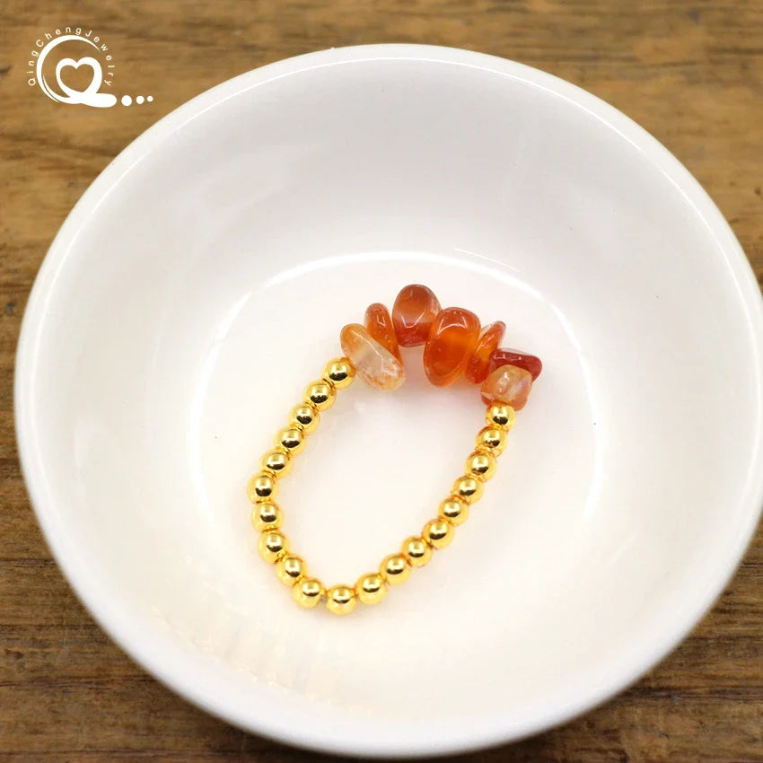Healing Crystal Chip Stackable Rings Golds Brass Round Beads Natural Stone Gravel Stretchy Ring Fashion Women Jewelry,QC4218