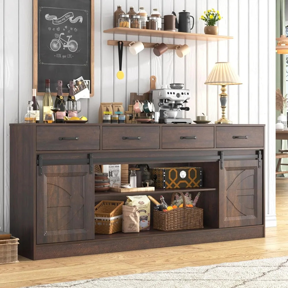 70" Farmhouse Buffet Cabinet with 4 Drawers, Sliding Doors, Storage for Living Room, Kitchen, Brown.