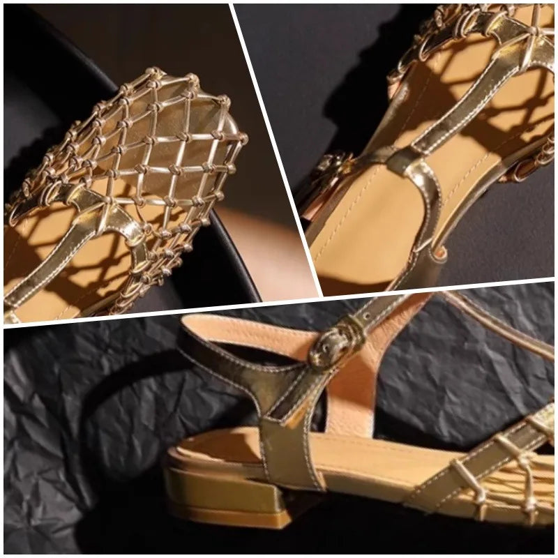 Women Weave Mesh Sandals Square Toe Low Heels Mules Shoes Open Toe Woman Summer 2025 Trend Dress Chunky Designer Pumps Mujer