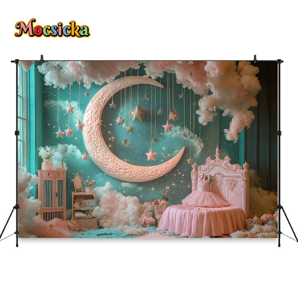 Princess Girl Birthday Party Night Photography Background Blue Pink Smoke Moon Star Boudoir Backdrop Kid Cake Smash Photo Studio
