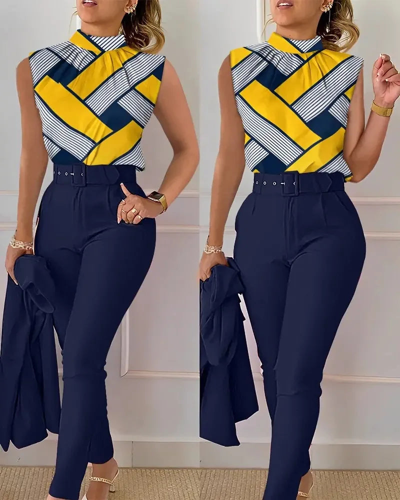 New Fashion Elegant Sleeveless Print High Waist With Belt Shirt And Pant Casual Fashion Two Piece Set