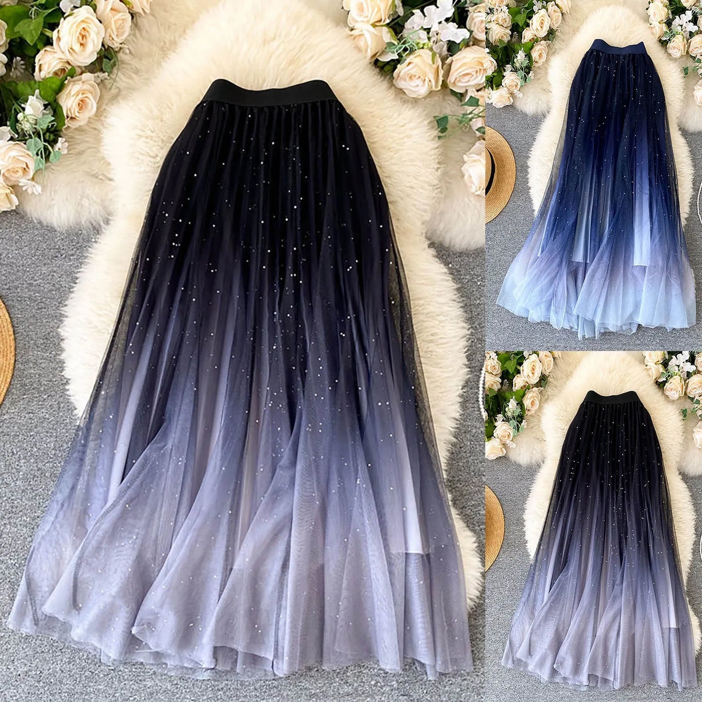 Skirts for Women Short Women's Fairy Tulle SKIRT Starry Sky Gradient Color Mesh Skirt High Waist A Line Pleated Skirt Plaid