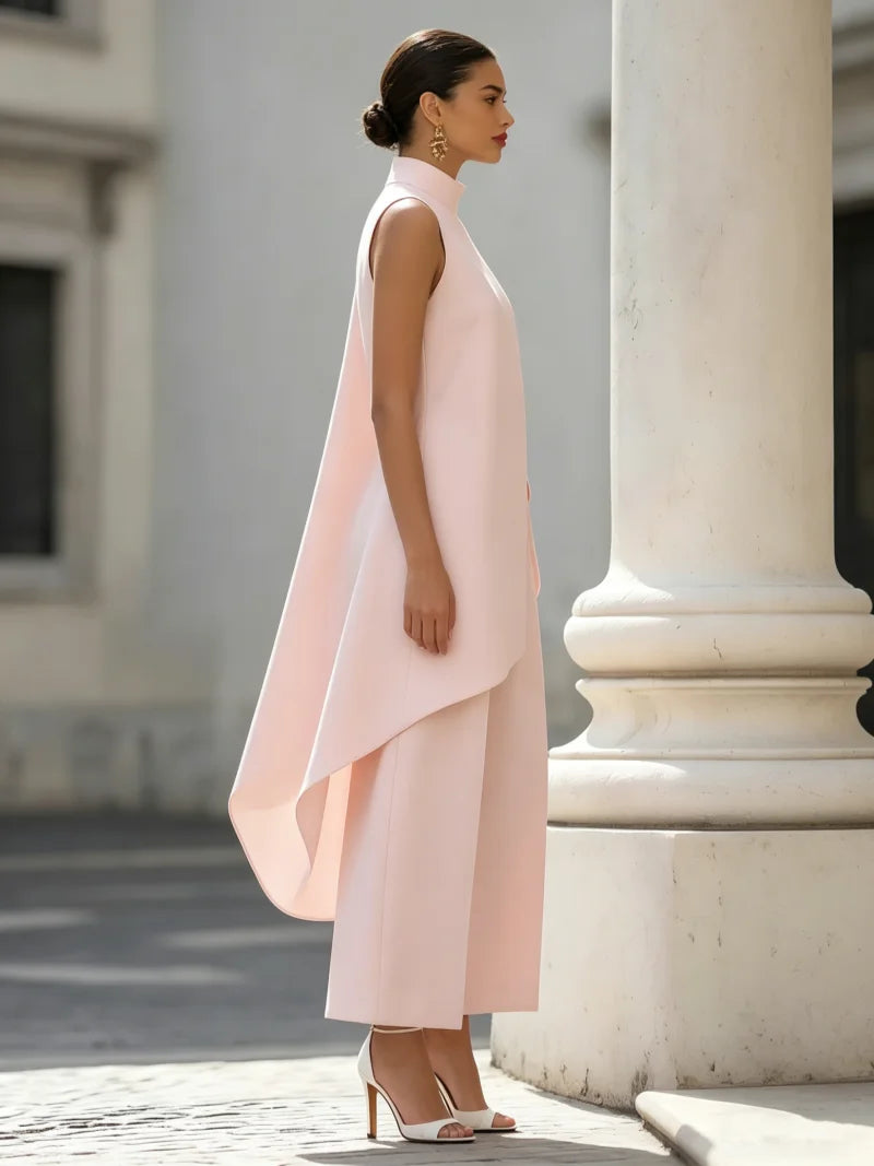 Sleeveless High Neck Jumpsuit With Asymmetric Draped Overlay Wide Leg Culottes Elegant Formal Evening Wear For Women