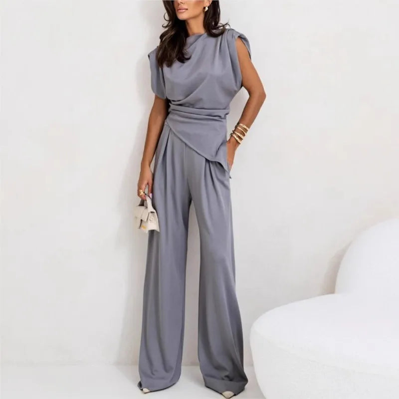 Summer Fashion Solid Two Piece Sets Women Elegant Slim Office Suit Casual Irregular Top And Wide Leg Pants 2 Piece Set Female