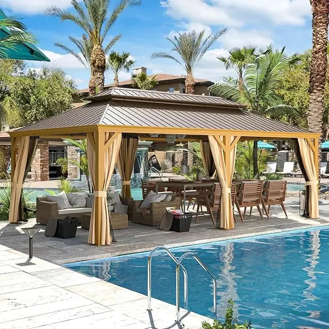 12x20 Gazebo, Hardtop Wood-Looking Gazebo with Galvanized Steel Double Roof, Patio Hardtop Gazebo with Netting and Curtains