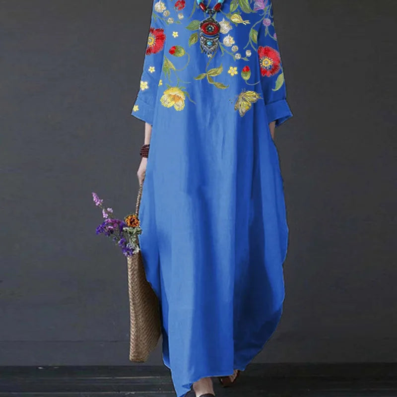 Elegant Boho Loose Swing Maxi Dress Retro Art Print 3/4 Sleeve Pocket Long Dress Casual O-Neck Office Lady Pullover Dress Mujer