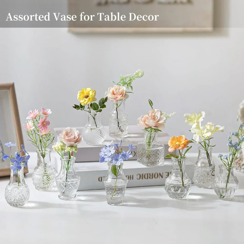 10/20Pcs Mini Glass Vase Modern Clear Hydroponic Flower Vase Retro Relief European Home Desktop Scene Wedding Party Decoration