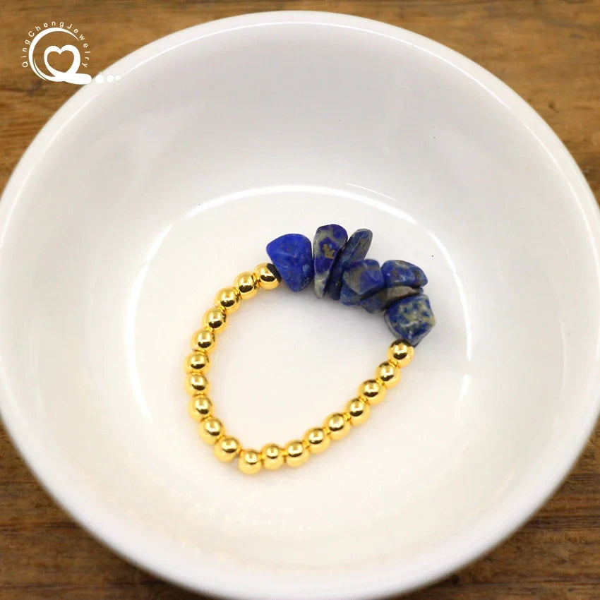 Healing Crystal Chip Stackable Rings Golds Brass Round Beads Natural Stone Gravel Stretchy Ring Fashion Women Jewelry,QC4218