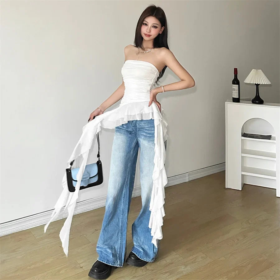 Nibber 2024 Spring New Solid Color Sweet Gentle Cute All-match High Street Travel Sexy Cool Women Chest Wrap ruched Tassel Vest
